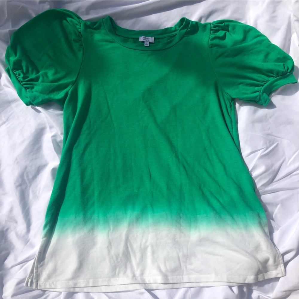 Crown & Ivy Green and White Ombré Shirt With Puffed Sleeves| Size L